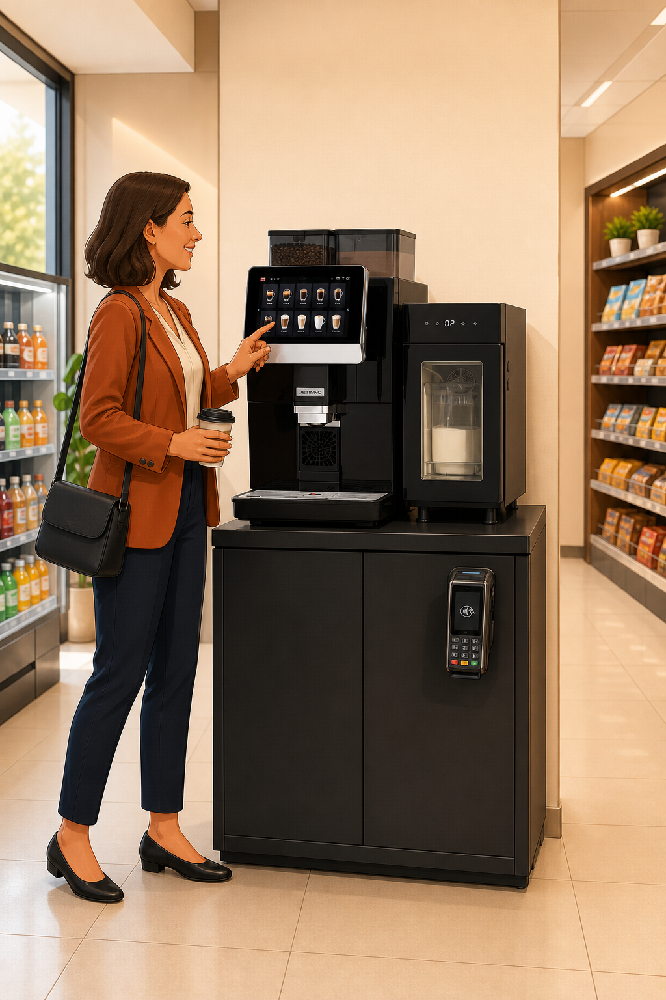 Complete Jetinno JL32A vending coffee station in a Malta convenience store