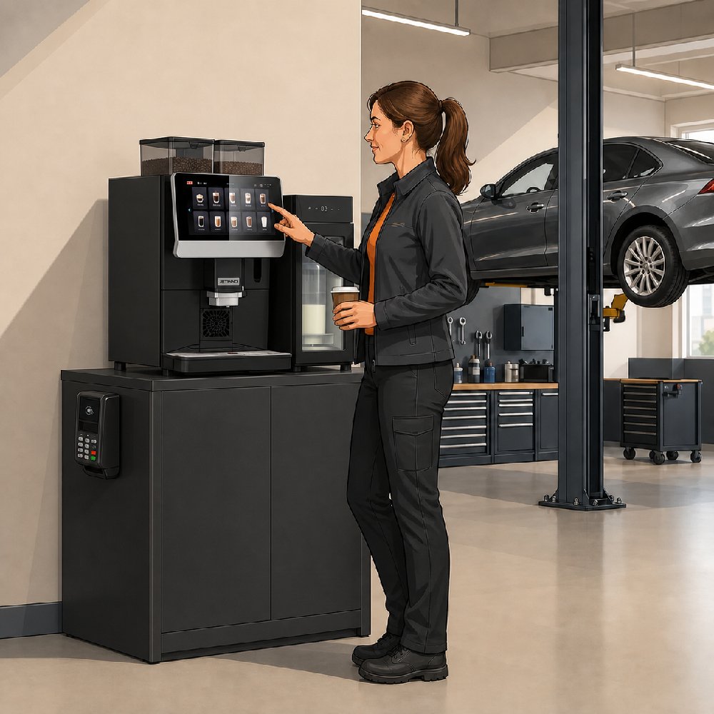 Jetinno JL32A coffee vending machine with raised cabinet and payment terminal in a garage