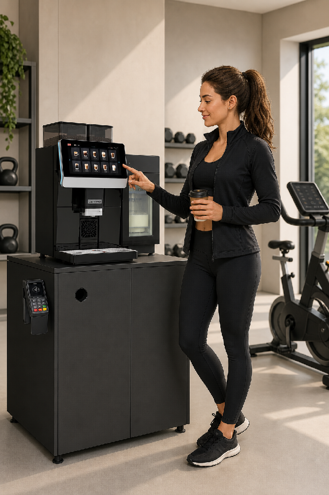 Woman using a Jetinno JL32A coffee vending machine in a modern gym